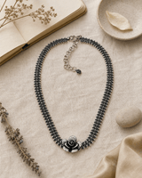 Exquisite Hill-Tribe Silver Collar Necklace with Rose Flower Centerpiece — necklaces, flatlay linen lifestyle photo
