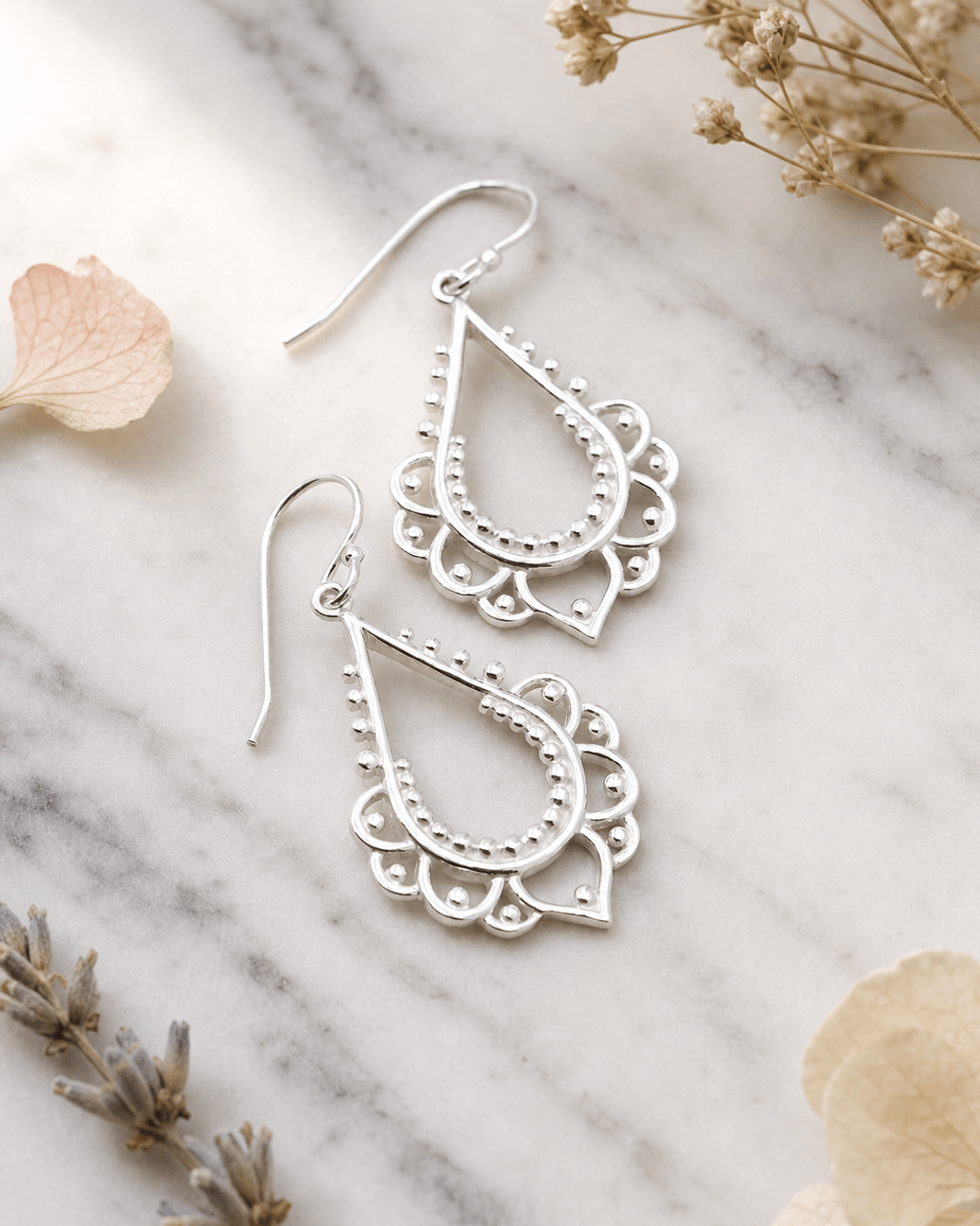 Floral Drop Beaded Chandelier Earrings — earrings, editorial marble lifestyle photo