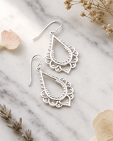 Floral Drop Beaded Chandelier Earrings — earrings, editorial marble lifestyle photo