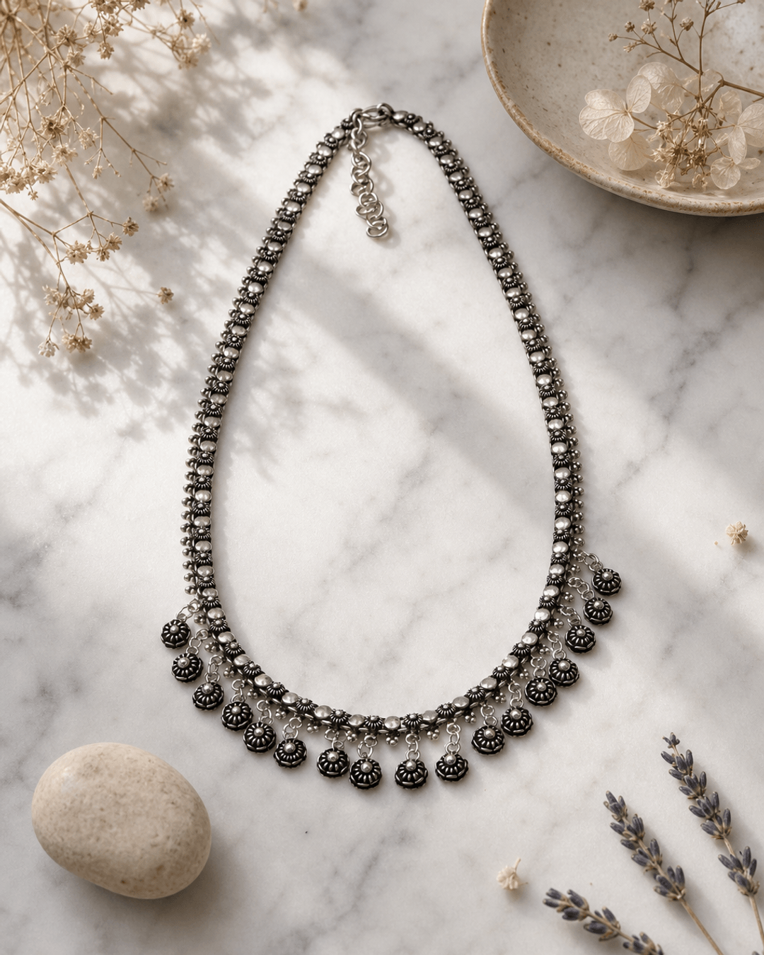 Flower Power Hill Tribe Dangle Necklace — necklaces, editorial marble lifestyle photo