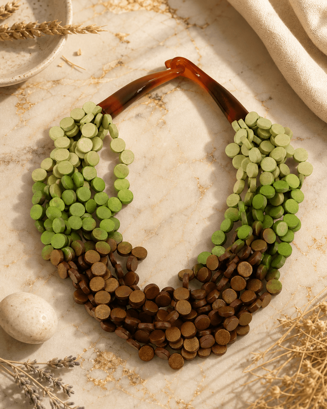 Forest Ombre Wood Necklace — necklaces, editorial marble warm lifestyle photo