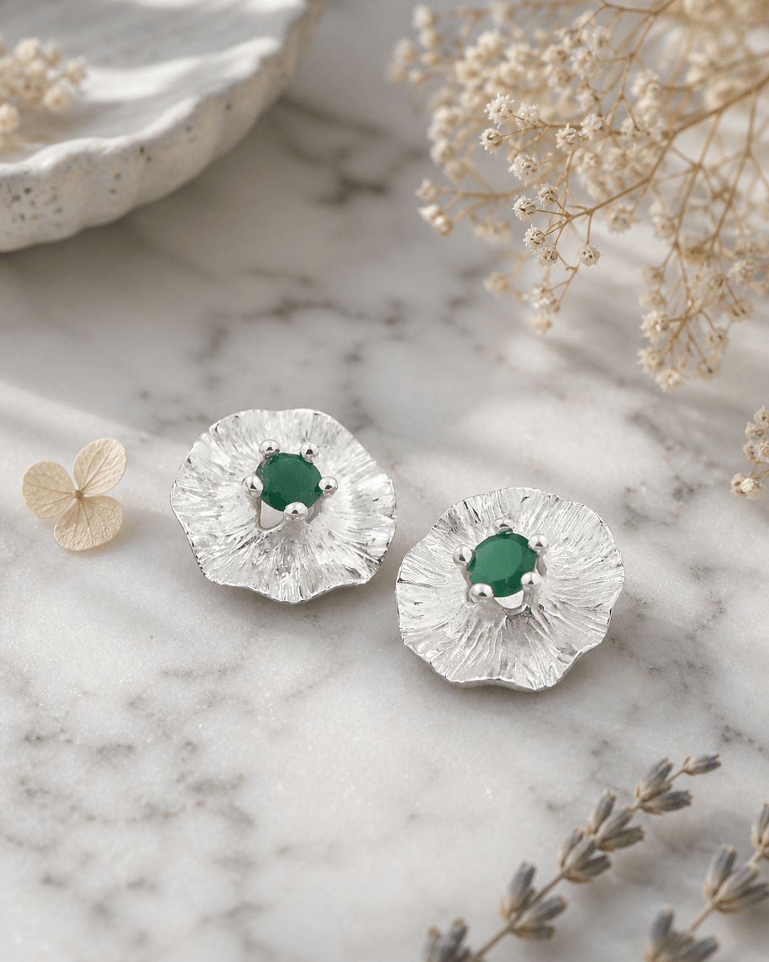 Gemstone Lotus Pad Earrings, Sterling Silver — earrings, editorial marble lifestyle photo