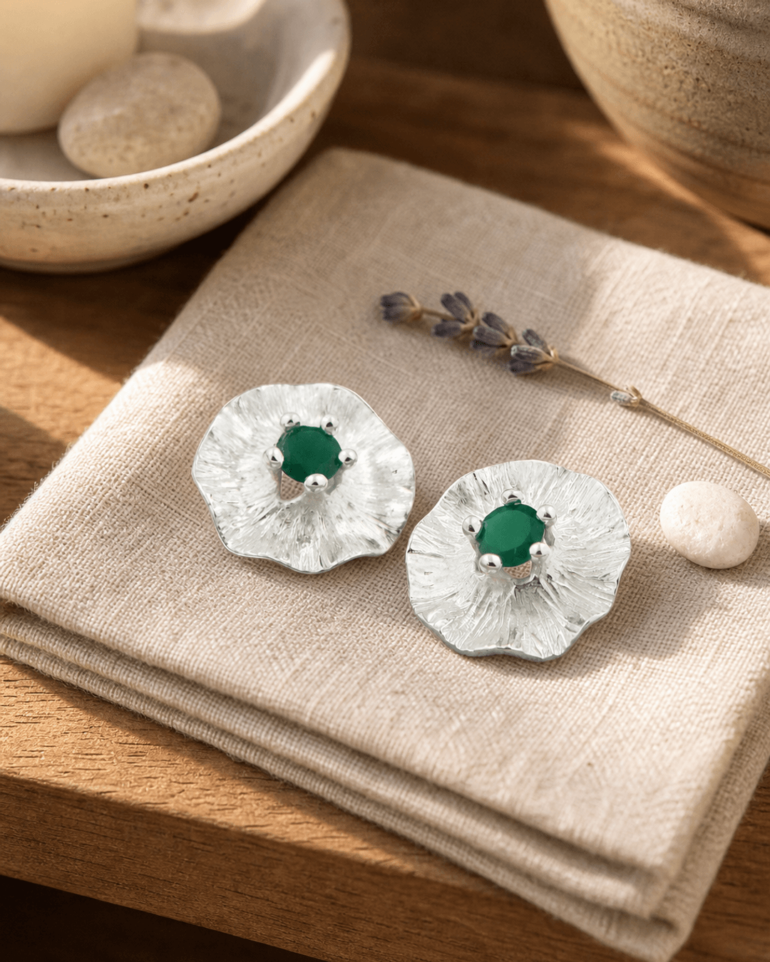 Gemstone Lotus Pad Earrings, Sterling Silver — earrings, lifestyle meditation corner lifestyle photo