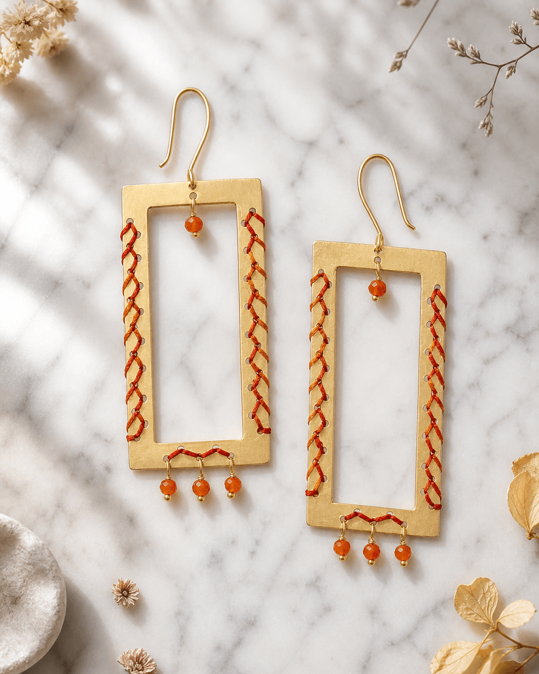 Geometric Brass Earrings with Carnelian Beads — earrings, editorial marble lifestyle photo