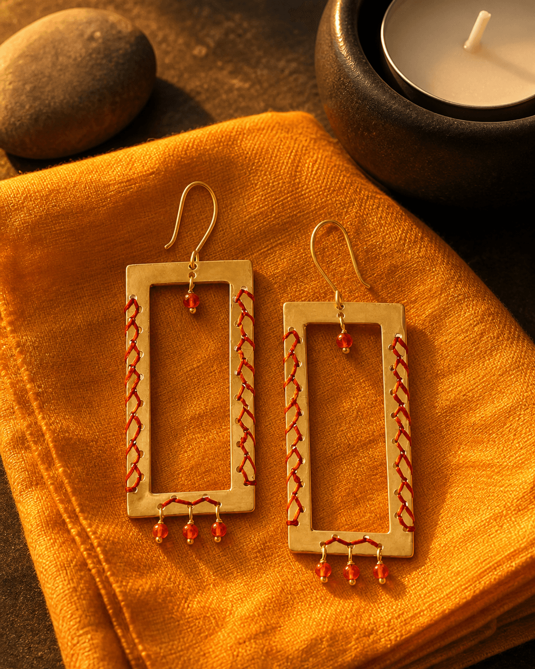 Geometric Brass Earrings with Carnelian Beads — earrings, lifestyle meditation corner lifestyle photo