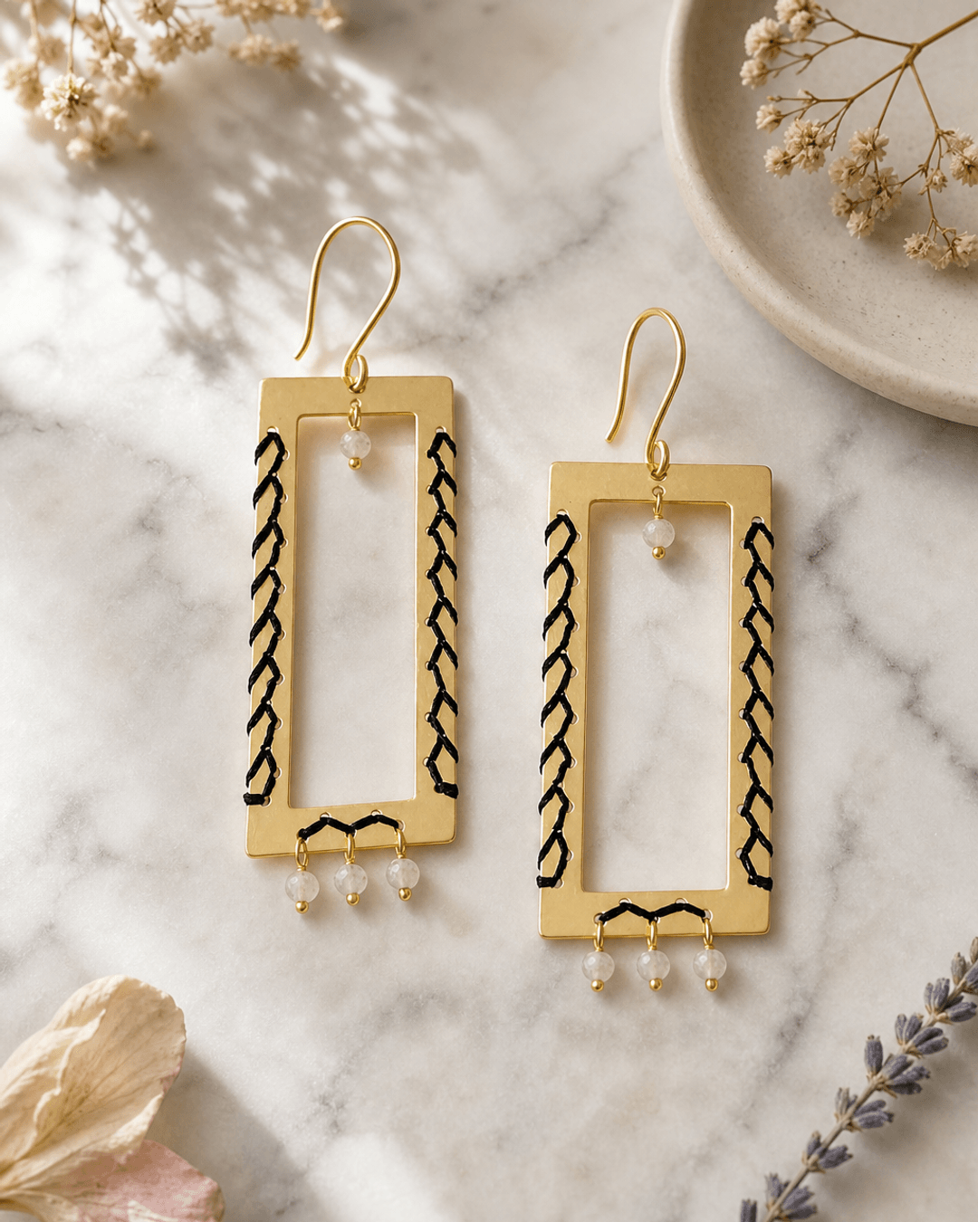 Geometric Brass Earrings with Labradorite Beads — earrings, editorial marble lifestyle photo