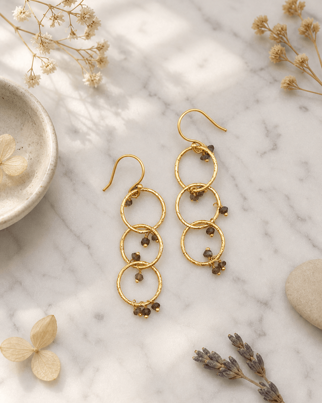 Gold-Plated Earrings with Labradorite Gemstones — earrings, editorial marble lifestyle photo