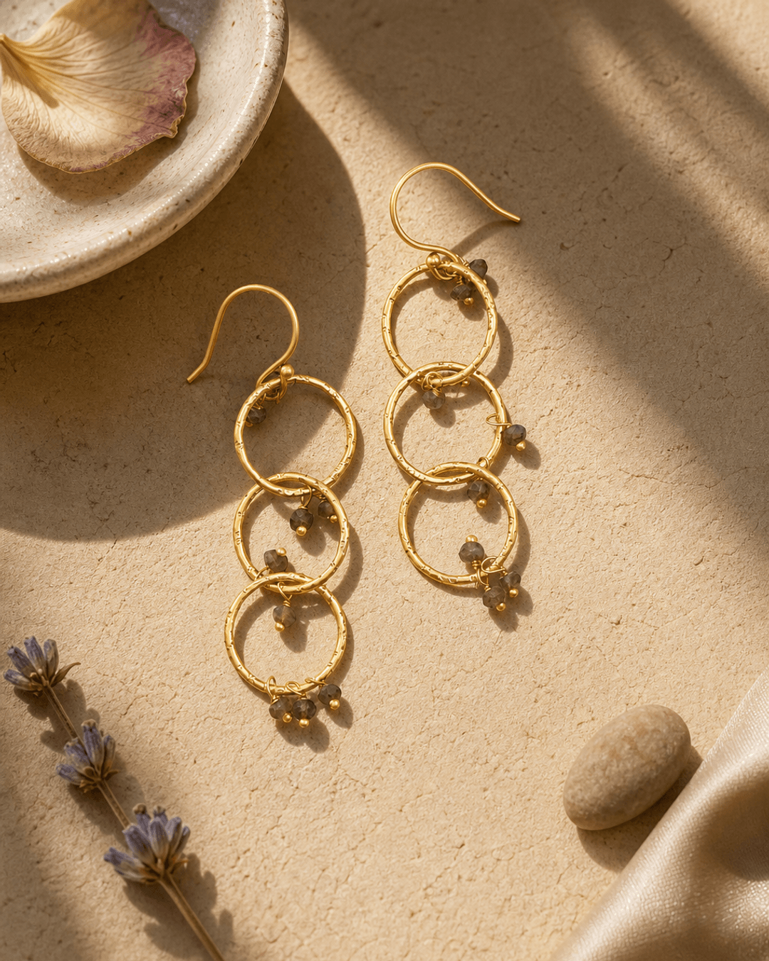 Gold-Plated Earrings with Labradorite Gemstones — earrings, vibey shadow lifestyle photo