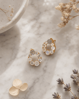 Gold Plated Moonstone Stud Earrings with Labradorite — earrings, editorial marble lifestyle photo