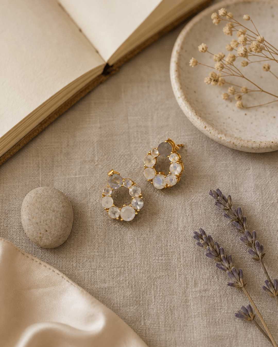 Gold Plated Moonstone Stud Earrings with Labradorite — earrings, flatlay linen lifestyle photo