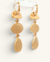 Back view of gold-plated triple stone cat eye drop earrings on display card showing leverback closures and reverse of settings
