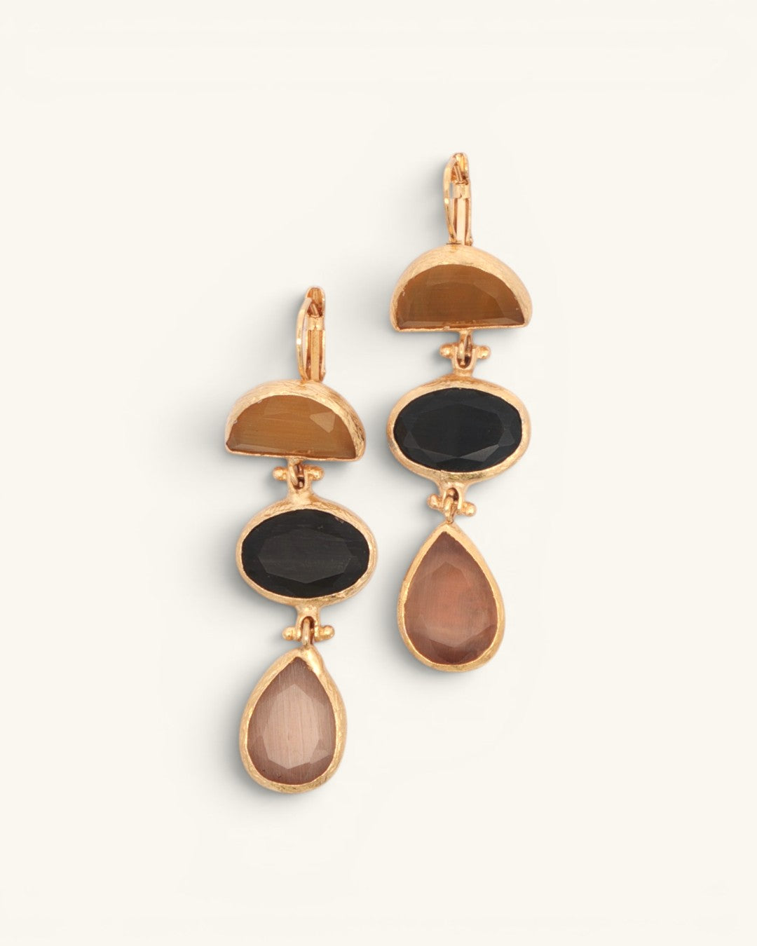 Gold-plated triple stone cat eye drop earrings, front product view on white background showing the full pair