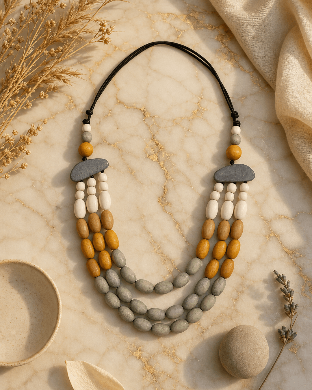 Grey Wood Frankie Necklace - Triple Strands of Artisan Charm — necklaces, editorial marble warm lifestyle photo