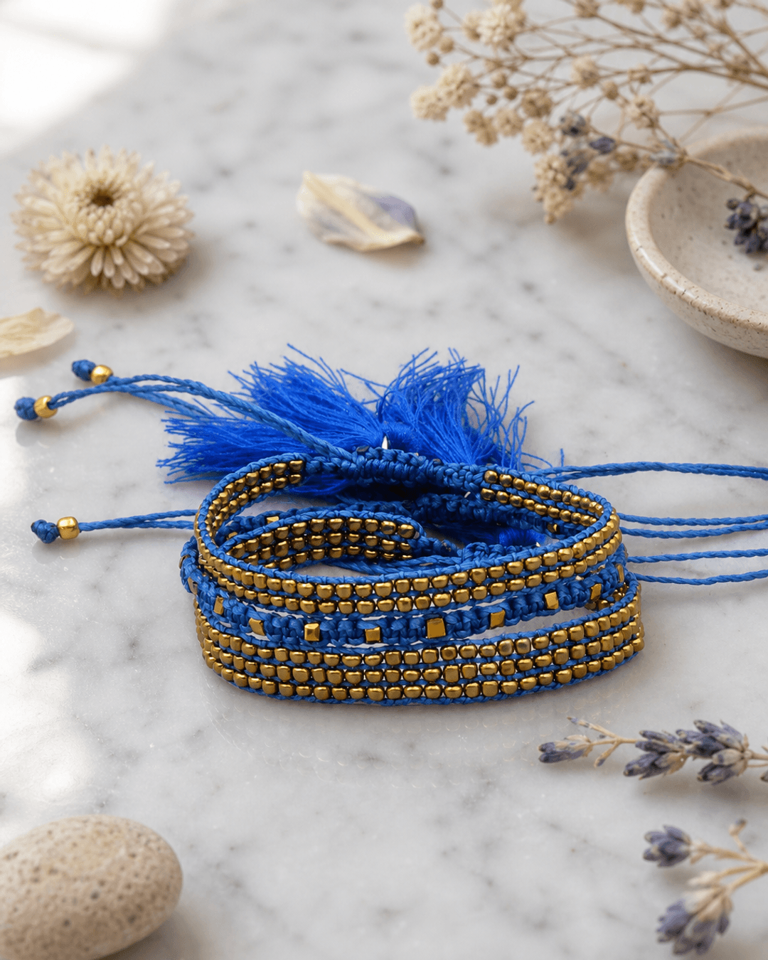 Guatemalan Beaded Tassel Bracelets, Fair Trade — bracelets, editorial marble lifestyle photo