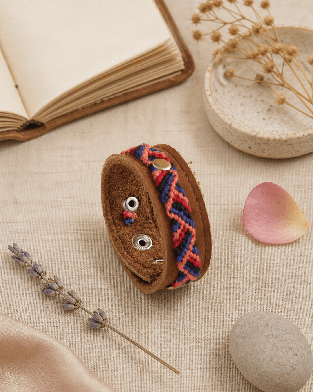 Guatemalan Woven Leather Snap Bracelet — bracelets, flatlay linen lifestyle photo