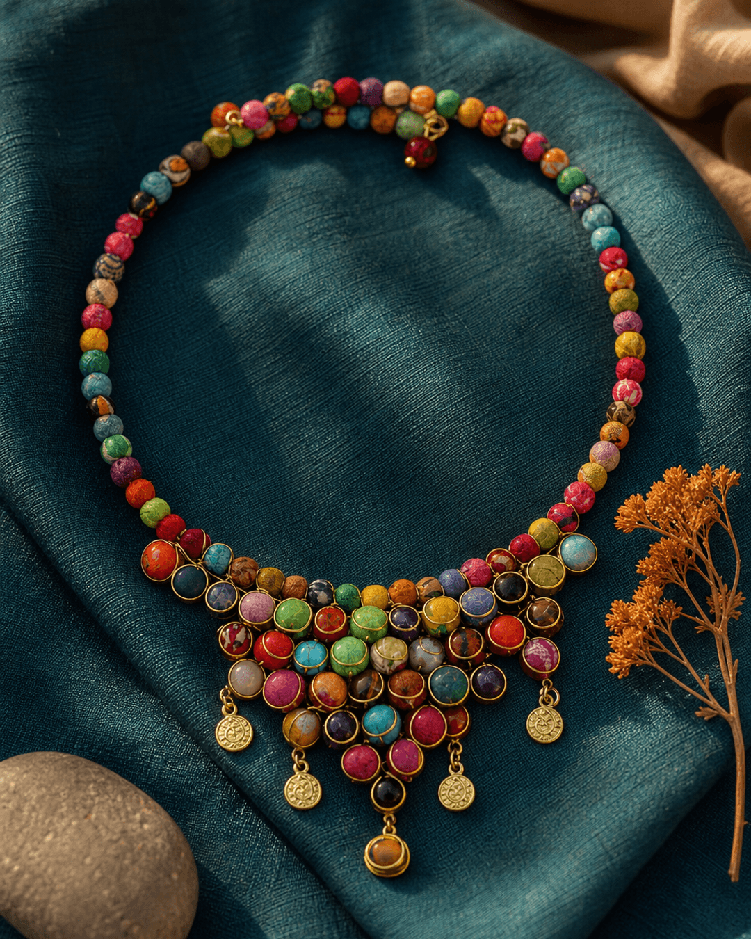 Handmade multicolor textile and gemstone choker necklace with close-up macro detail and soft bokeh background