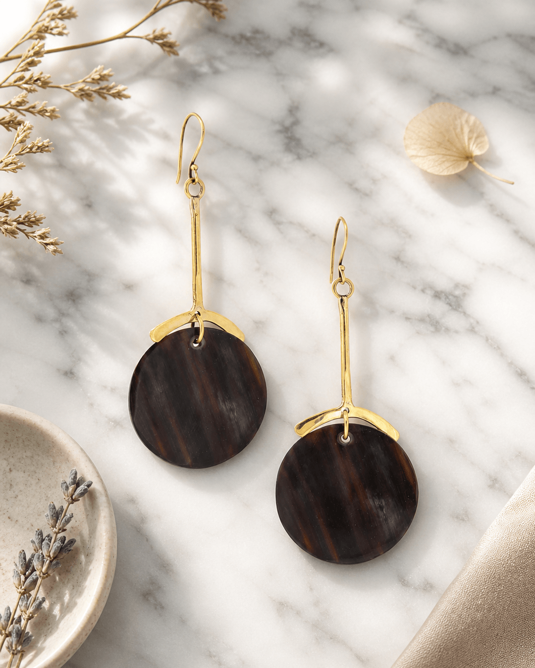 Horn and Brass Drop Earrings, Kenya — earrings, editorial marble lifestyle photo
