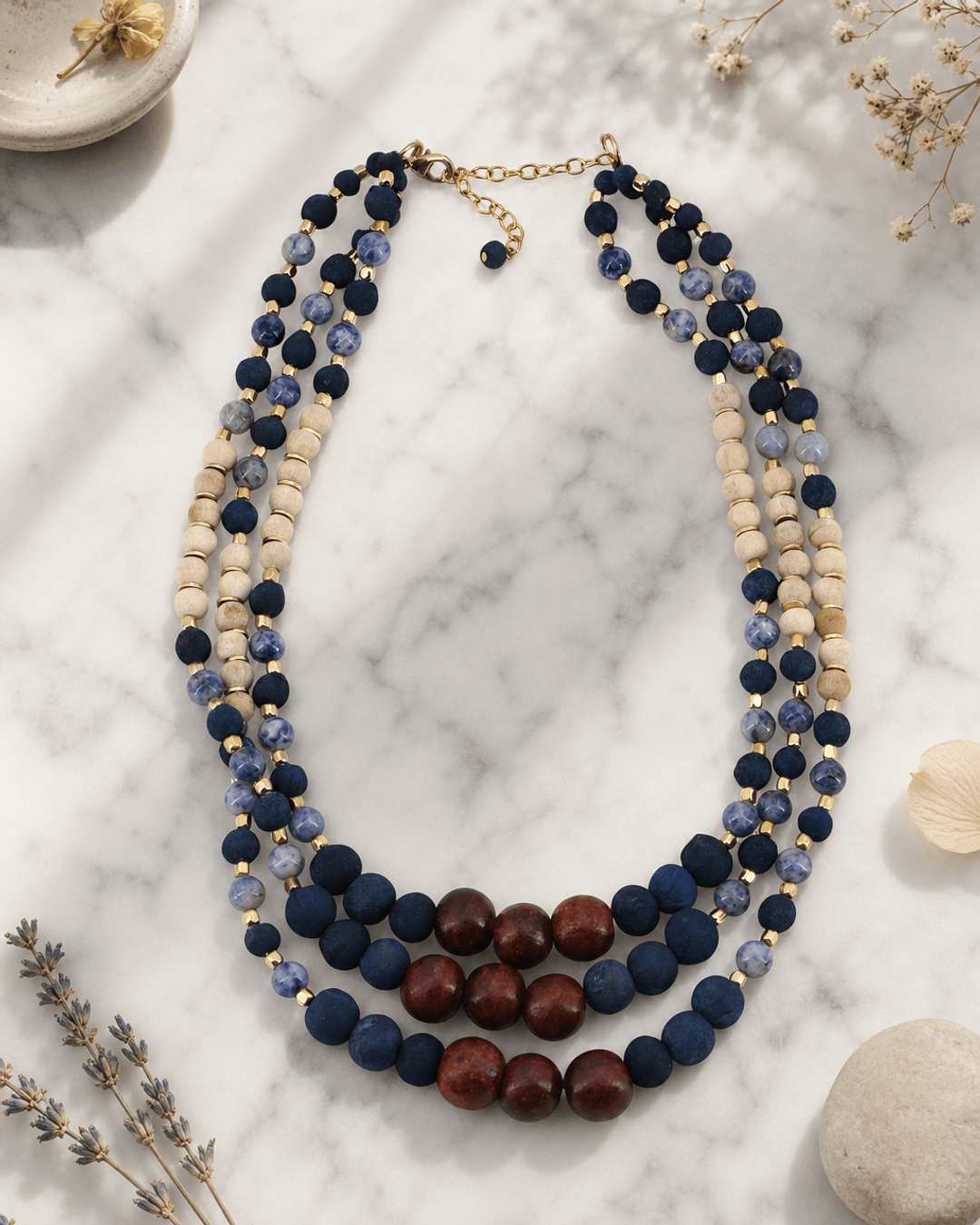 Indigo Wood & Sodalite Necklace — necklaces, editorial marble lifestyle photo