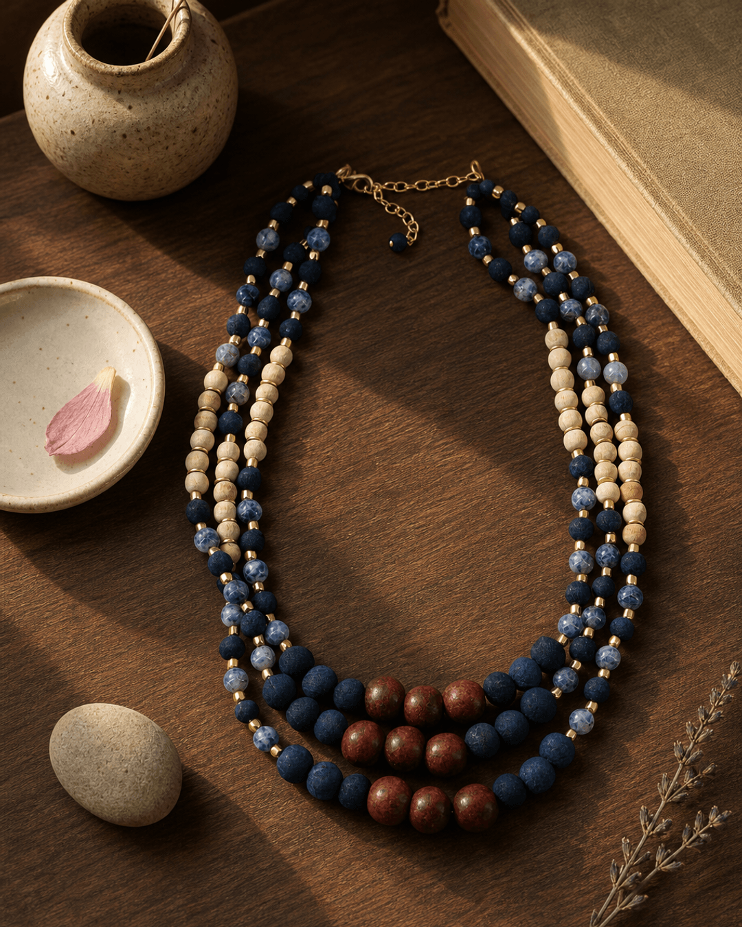 Indigo Wood & Sodalite Necklace — necklaces, sunlit shelf lifestyle photo