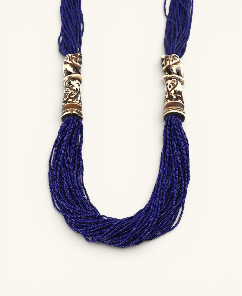 Elephant Carving Blue Beaded Statement Necklace