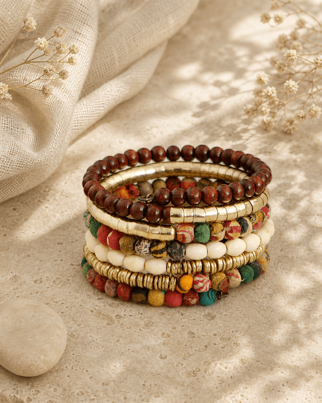 Kantha Bead Coiled Bracelet, India — bracelets, editorial travertine lifestyle photo