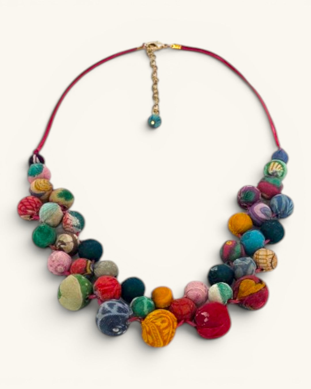 Kantha recycled textile layered bead necklace front view showing two rows of multicolor kantha fabric beads with gold-tone lobster clasp