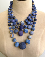 Blue four-strand kantha sari bead necklace draped on a beige dress form showing layered strand cascade and overall drape