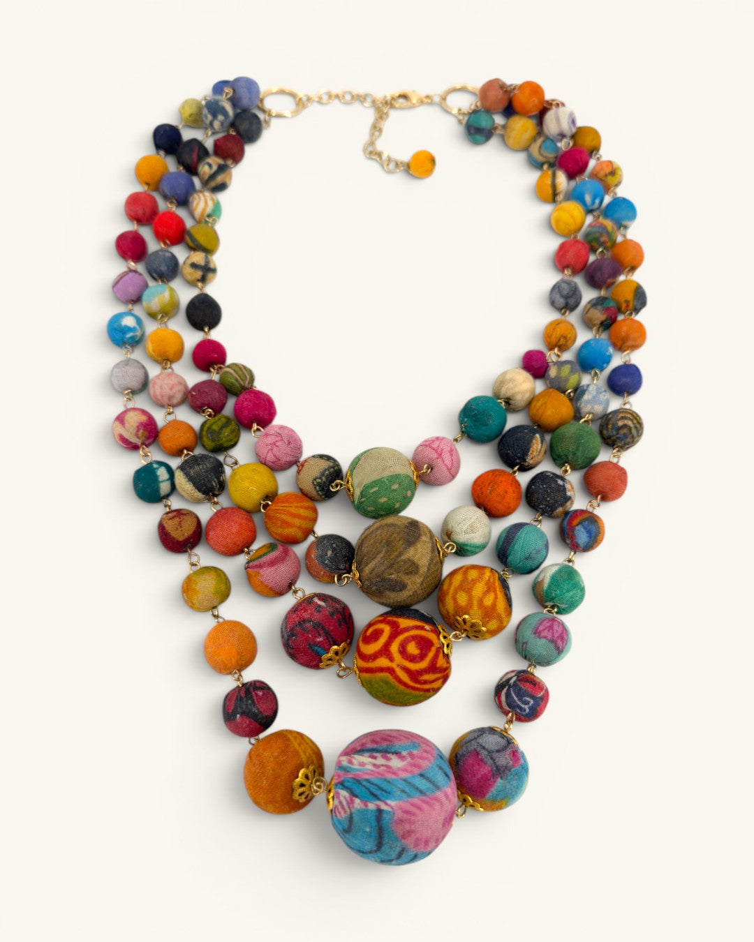 Kantha recycled textile four-strand necklace on white background showing full bead arrangement with largest focal bead at bottom