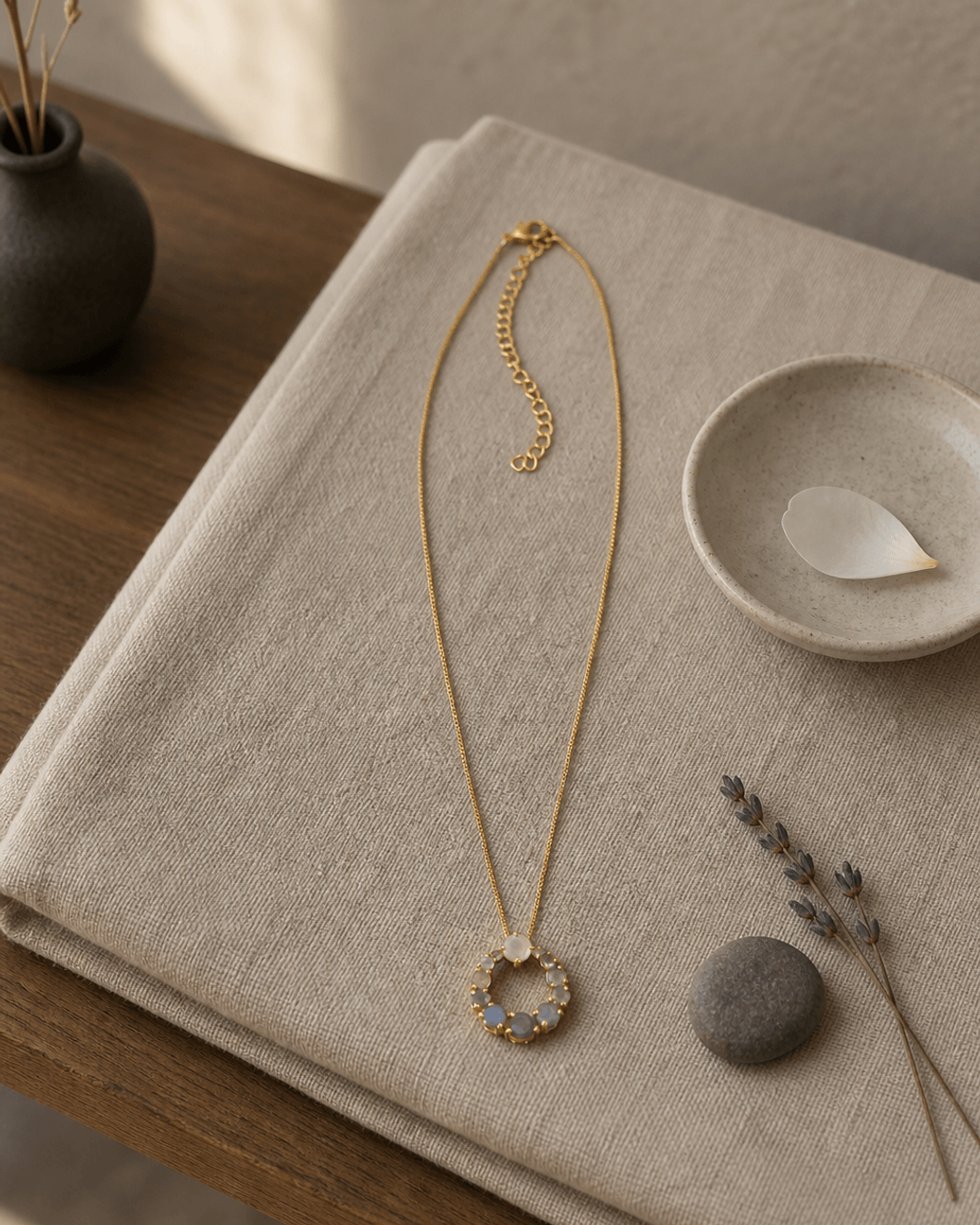 Labradorite Circle Gold Plated Necklace — necklaces, meditation corner lifestyle photo