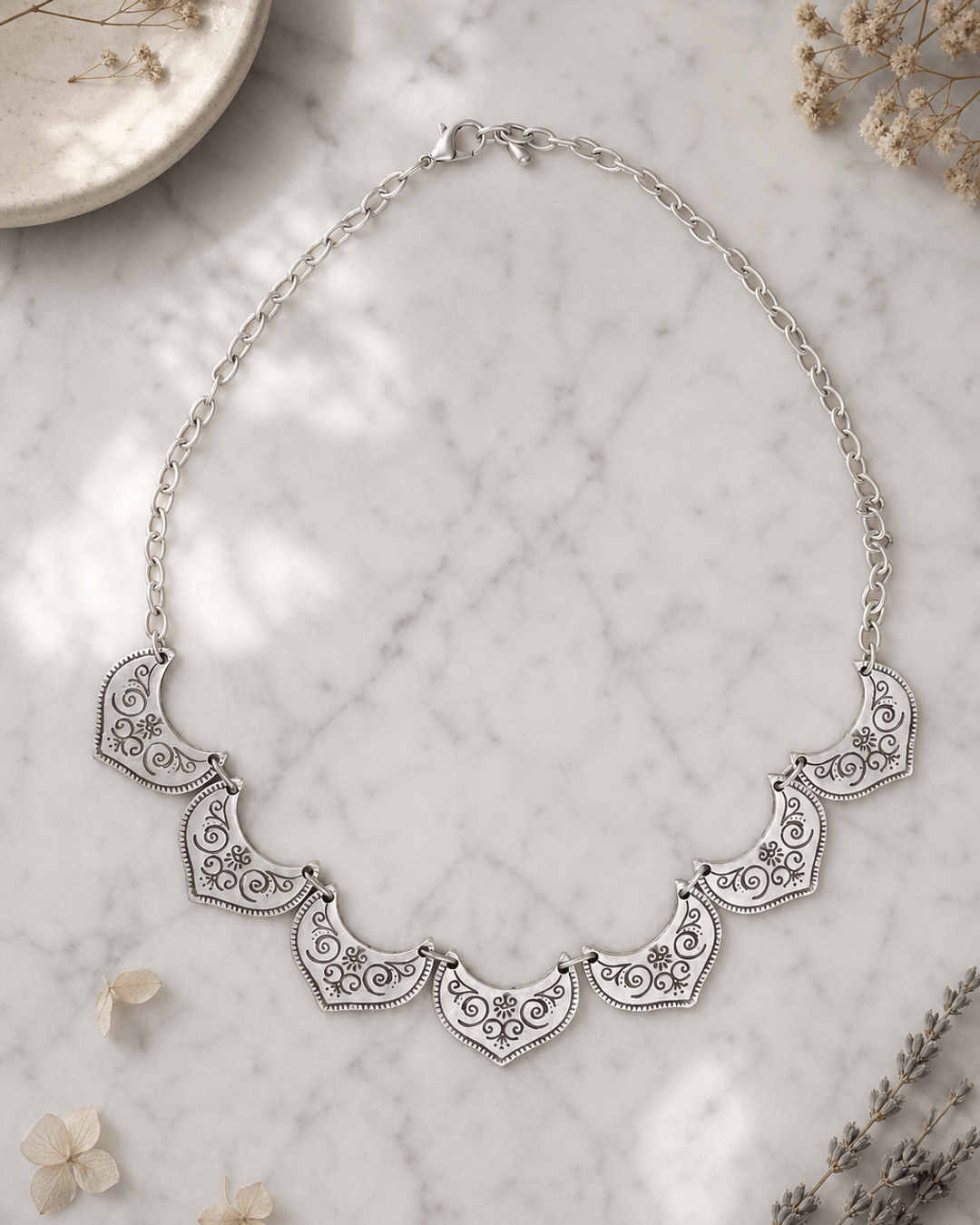Lotus Petal Link Statement Necklace — necklaces, editorial marble lifestyle photo
