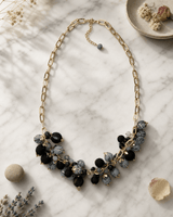 Midnight Fabric Beaded Necklace — necklaces, editorial marble lifestyle photo
