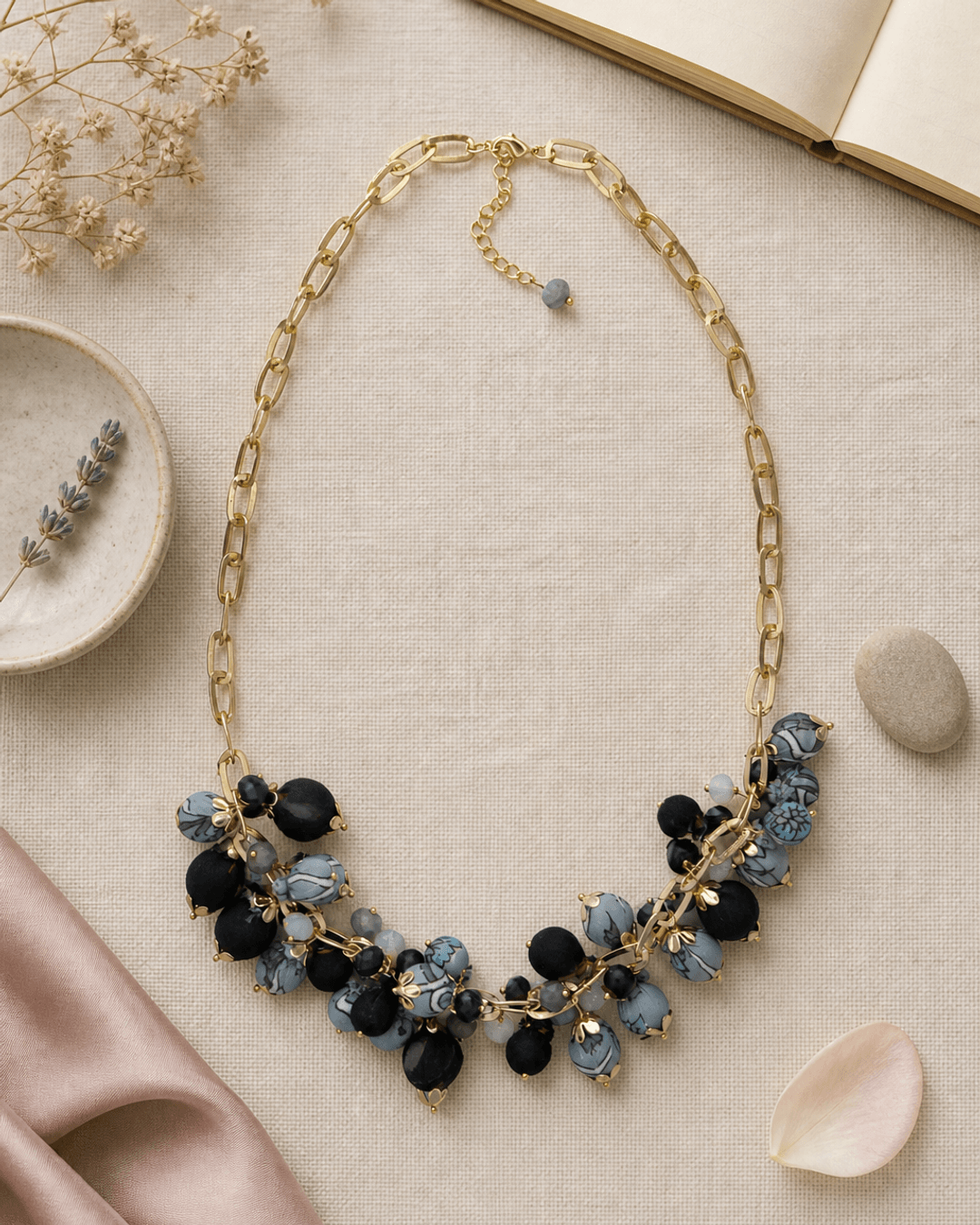 Midnight Fabric Beaded Necklace — necklaces, flatlay linen lifestyle photo