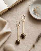 Modern Agate Drop Earrings in Sculptural Brass — earrings, flatlay linen lifestyle photo