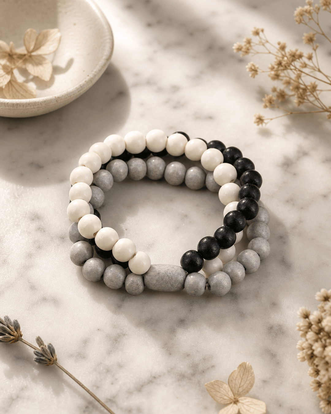 Modern Muse Grey, White, & Black Beaded Bracelet — bracelets, editorial marble lifestyle photo