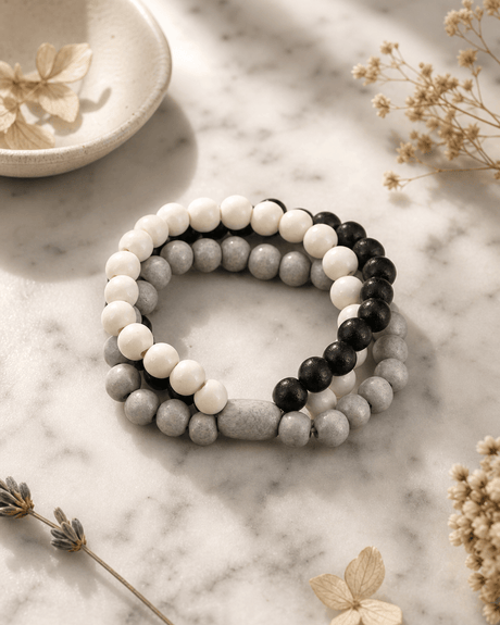 Modern Muse Grey, White, & Black Beaded Bracelet — bracelets, editorial marble lifestyle photo