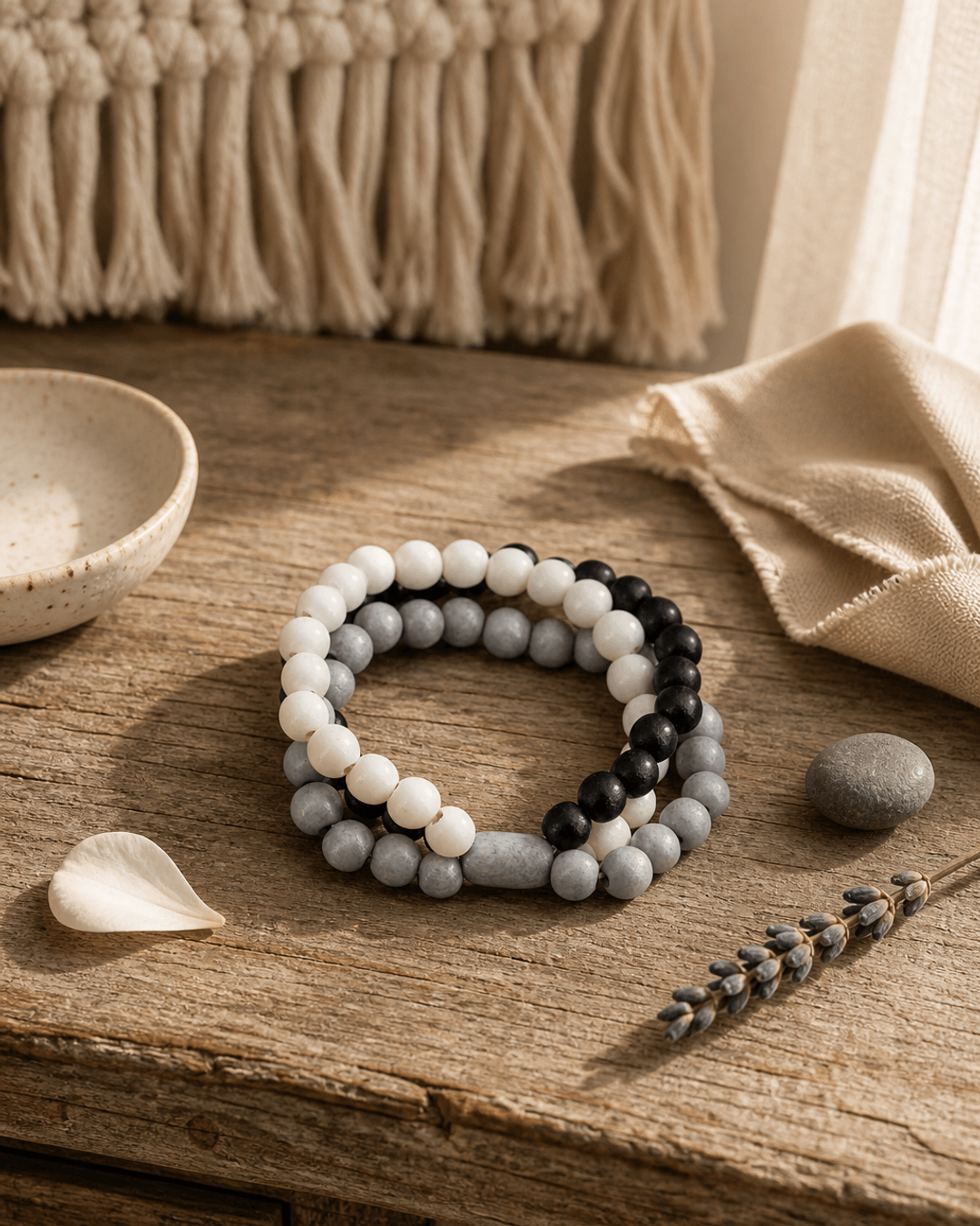 Modern Muse Grey, White, & Black Beaded Bracelet — bracelets, editorial wood lifestyle photo
