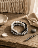Modern Muse Grey, White, & Black Beaded Bracelet — bracelets, editorial wood lifestyle photo