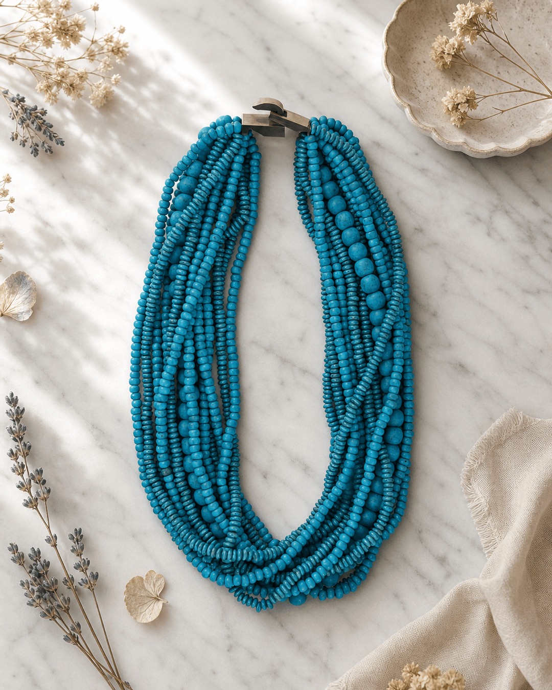 Multi-Layer Wood Beaded Necklace — necklaces, editorial marble lifestyle photo