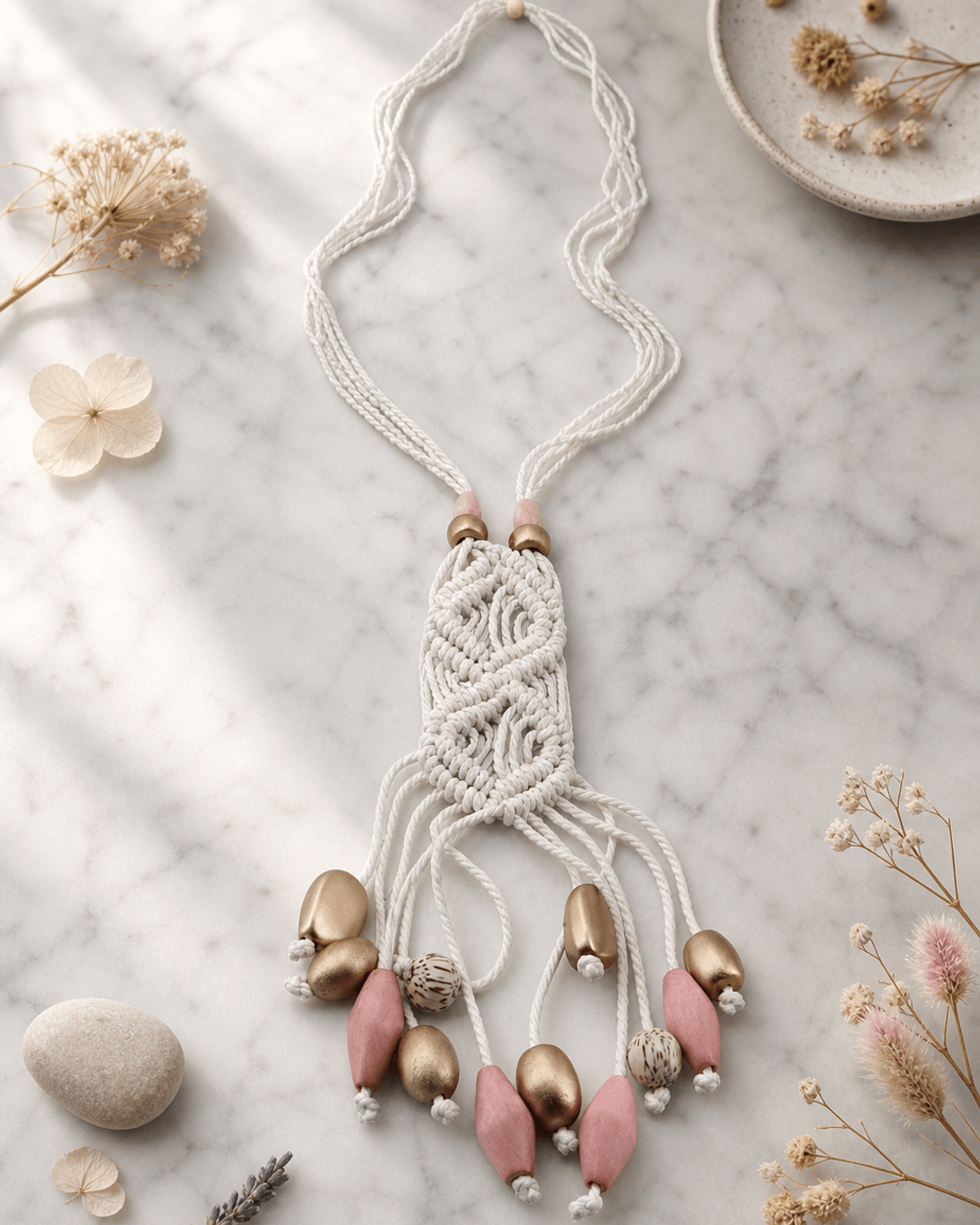 Multi Strand Beaded Weave Necklace — necklaces, editorial marble lifestyle photo