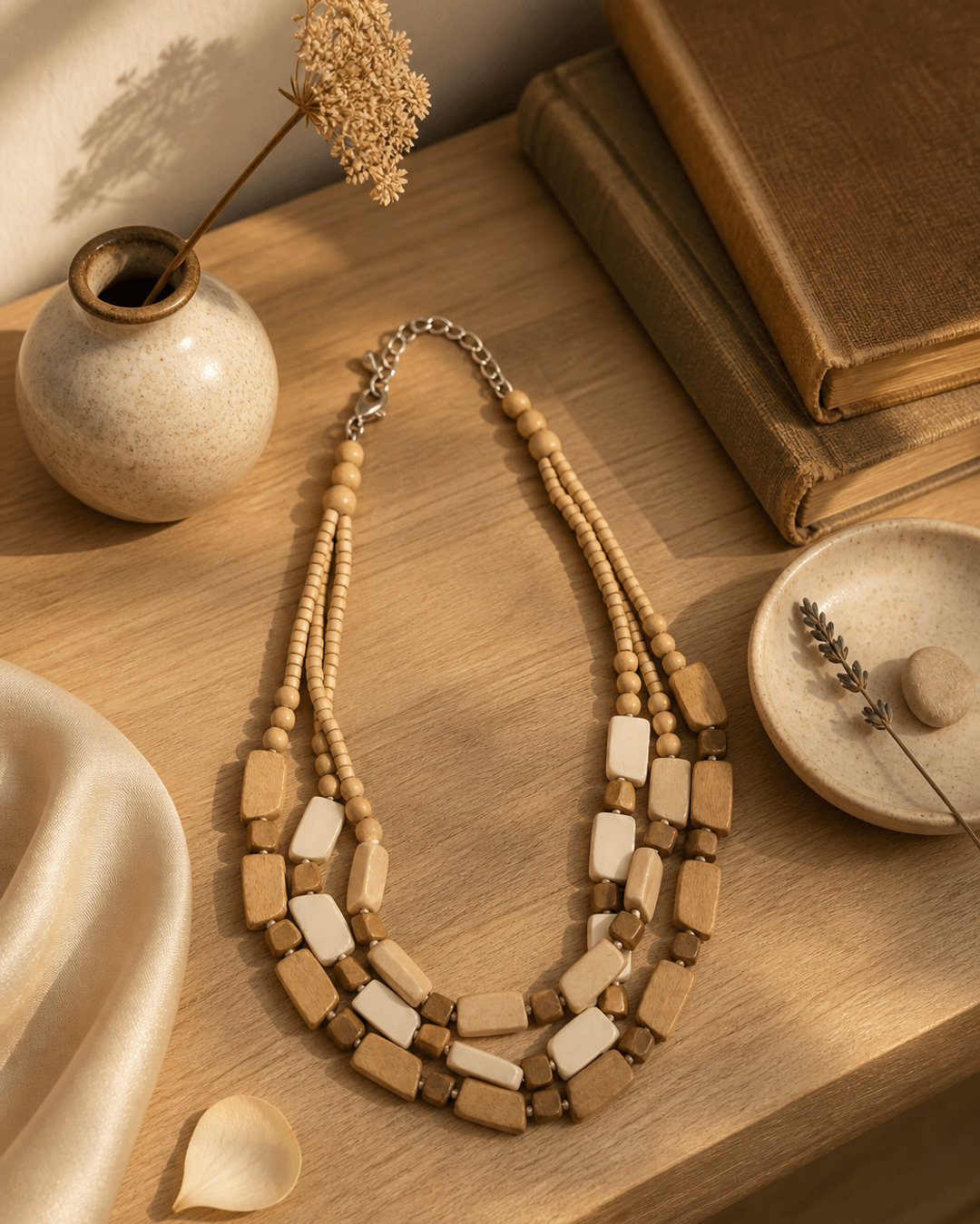Multi-Strand Wooden Bead Necklace — necklaces, sunlit shelf lifestyle photo