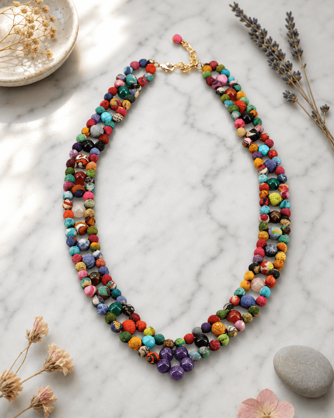 Multicolor Hand-Wrapped Textile & Gemstone Beaded Necklace — necklaces, editorial marble lifestyle photo