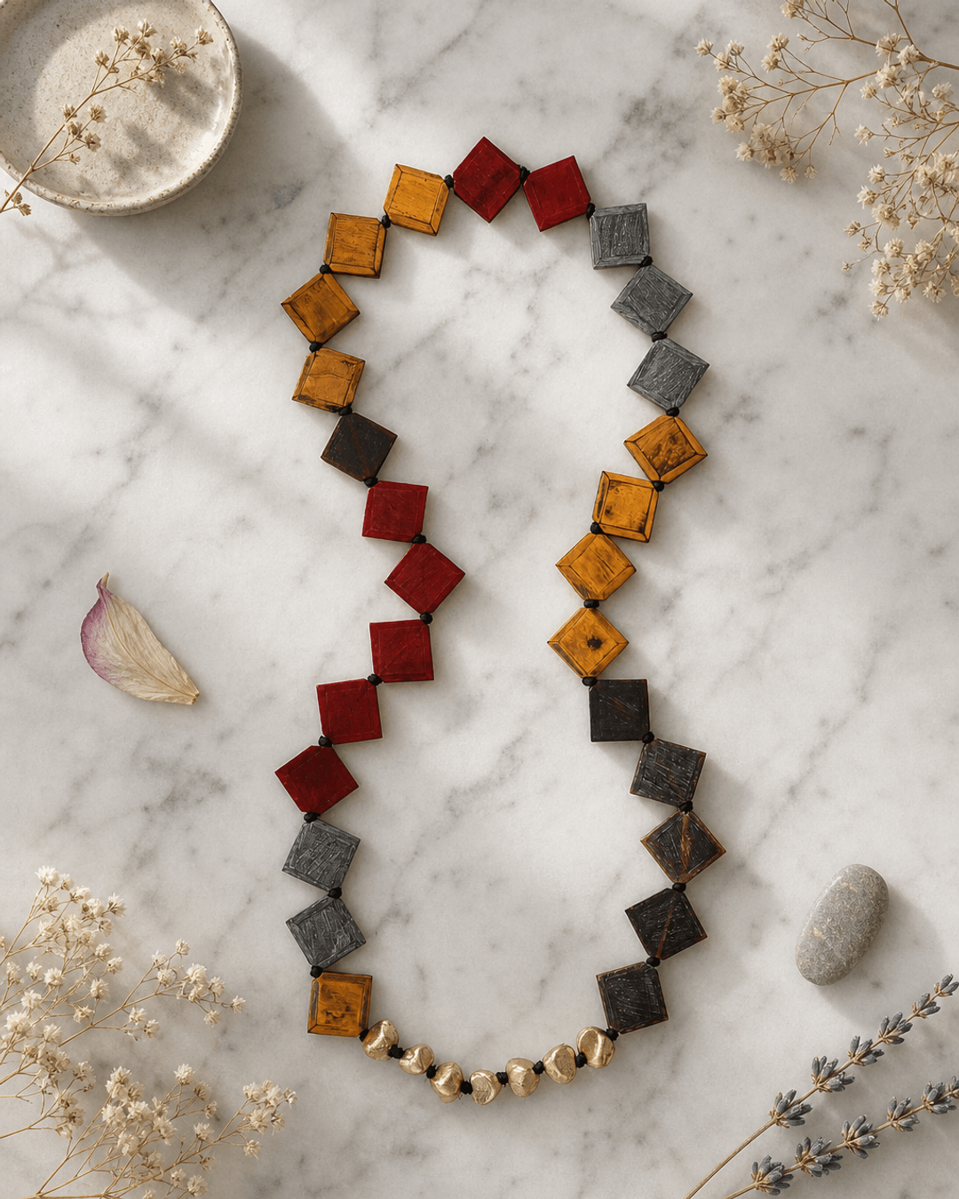 Multicolor Horn and Brass Beaded Necklace — necklaces, editorial marble lifestyle photo