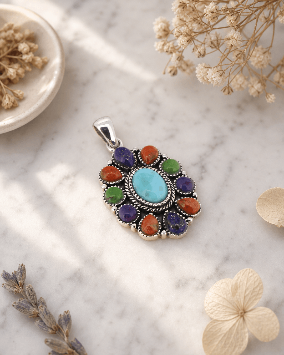 Multicolored Gemstones and Sterling Silver Pendant — charms & pendants, editorial marble lifestyle photo