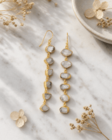 Mystical Raw Moonstone Dangle Earrings — earrings, editorial marble lifestyle photo