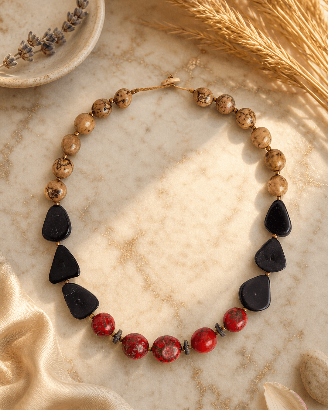 Olmedo Natural Seed & Tagua Necklace – Ecuador — necklaces, editorial marble warm lifestyle photo