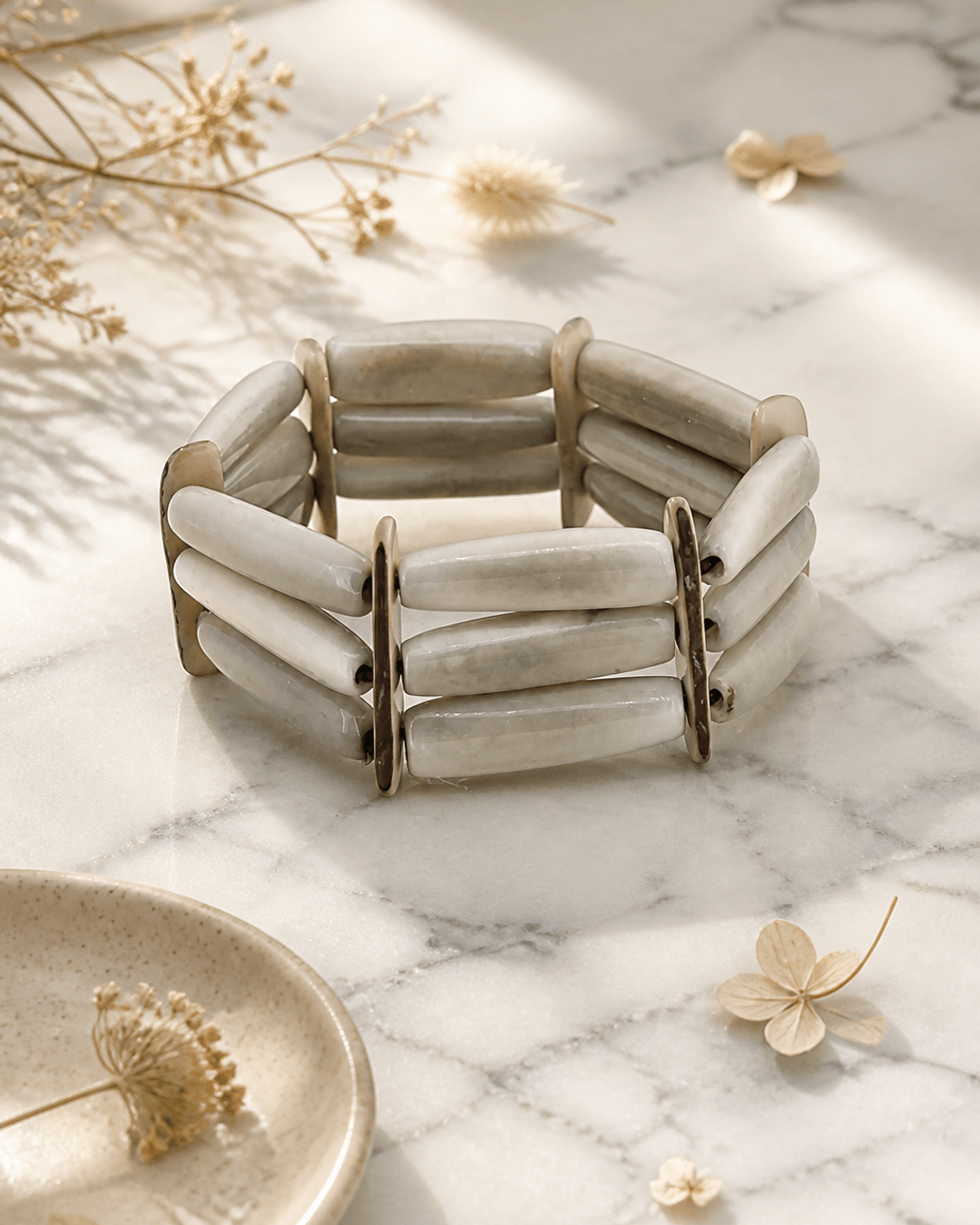 Pastel Grey-Green Tagua Tube Bracelet — bracelets, editorial marble lifestyle photo