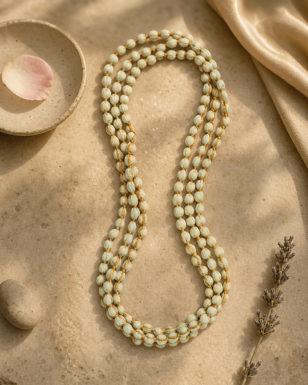 Powder Green Endless Fabric-Wrapped Beaded Necklace — necklaces, vibey closeup lifestyle photo
