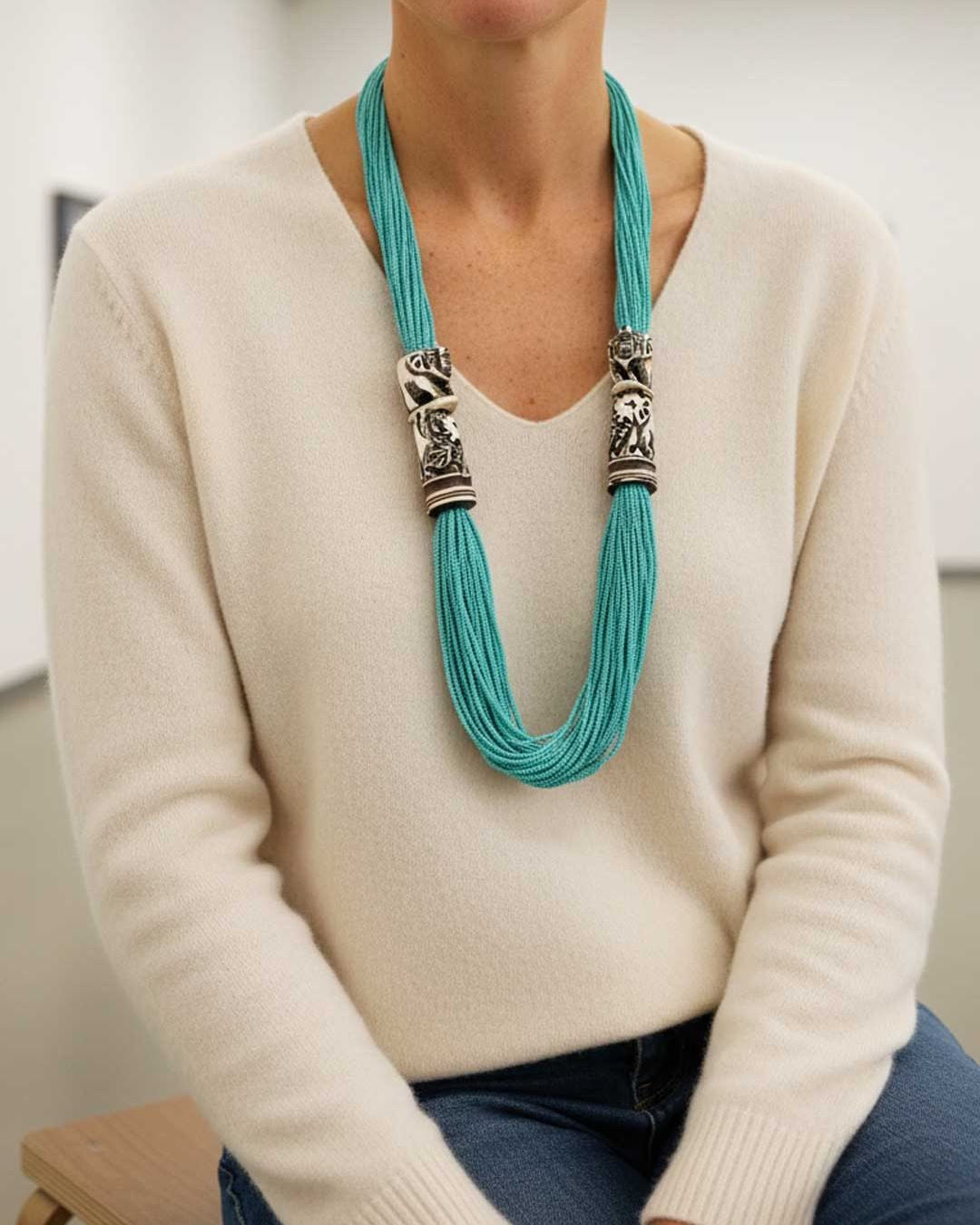 Elephant Carving Blue Beaded Statement Necklace