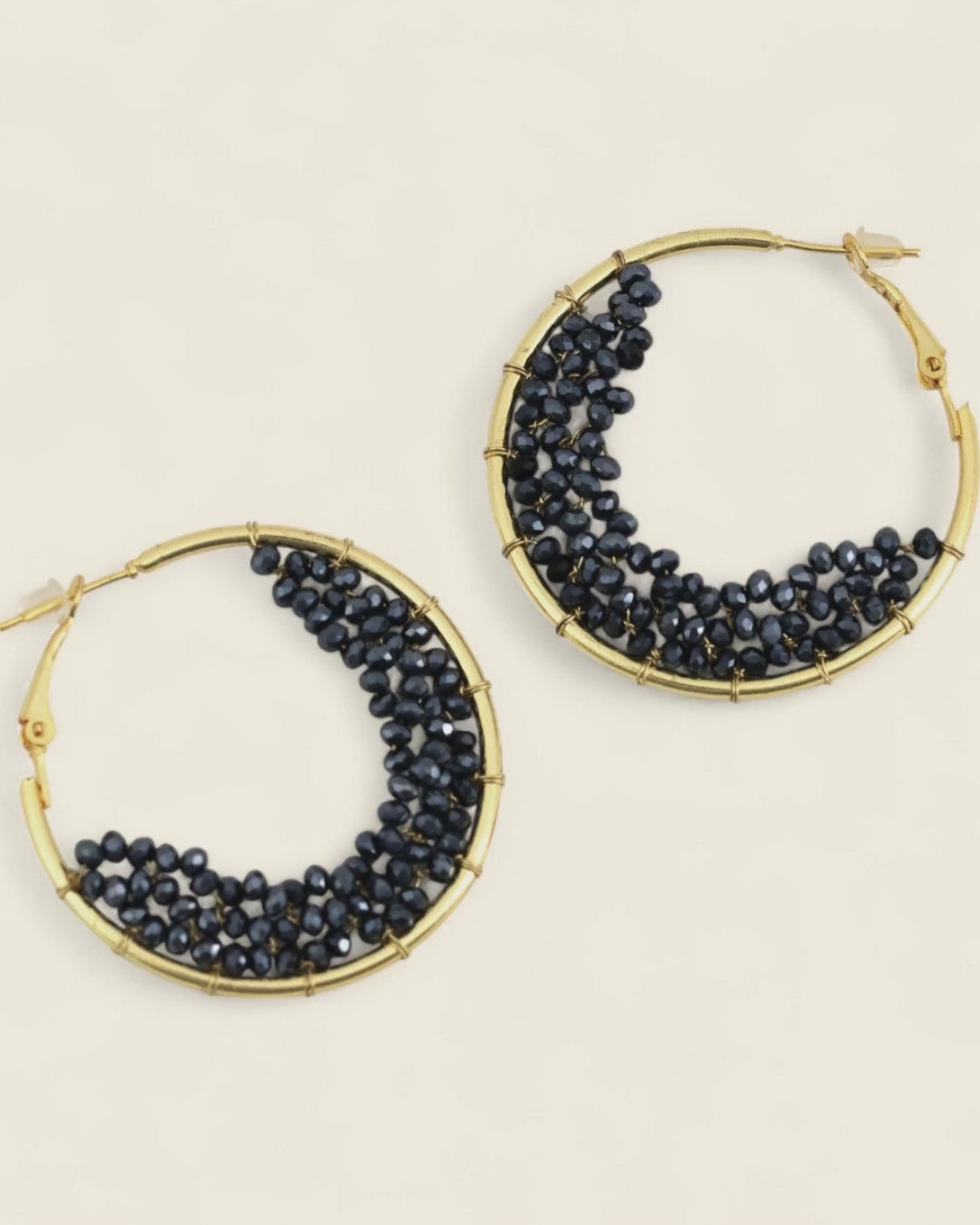 Black Beaded Crescent Hoops