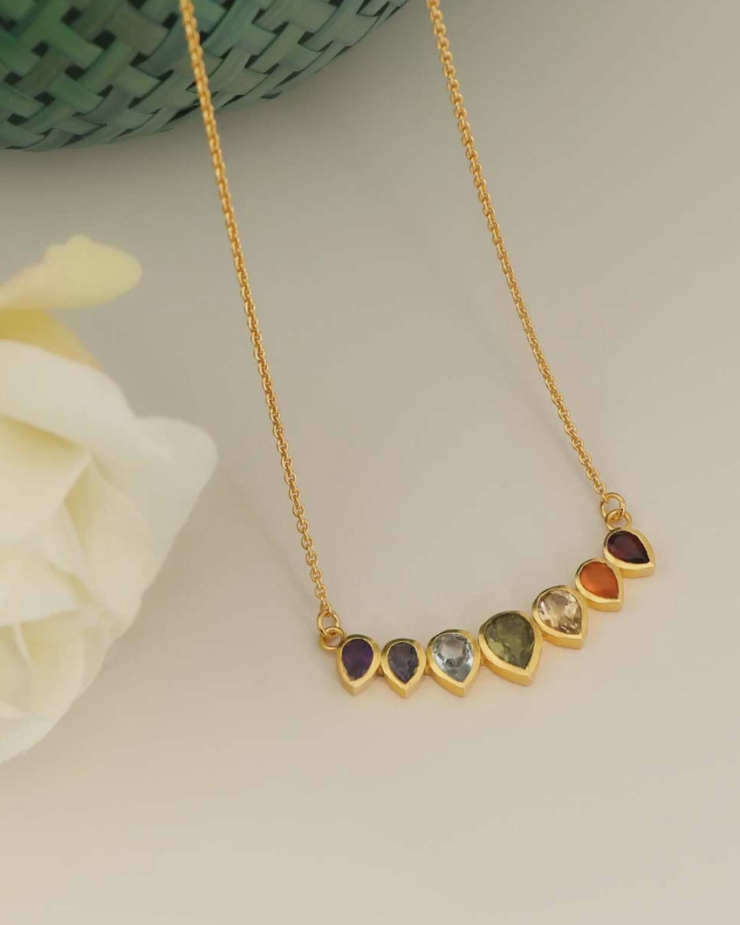 Rainbow Gemstone Arc Necklace Gold